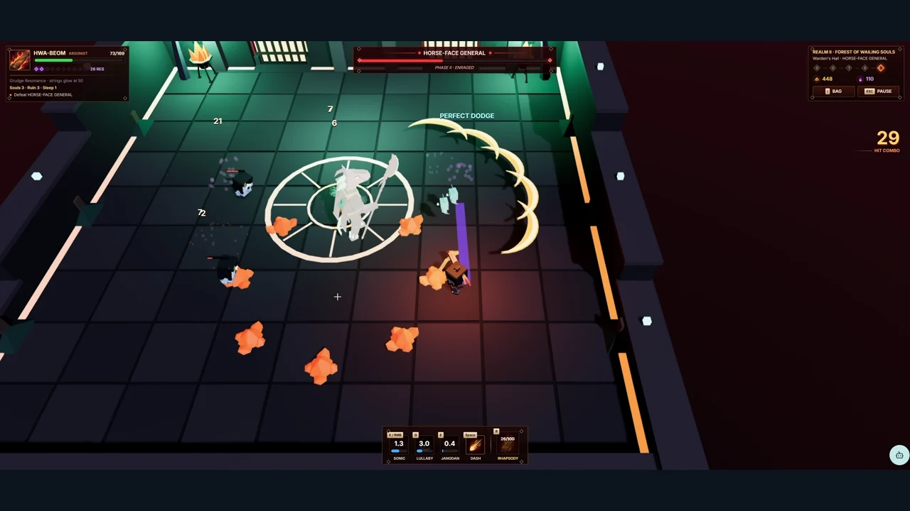 Arsonist's Horse-Face General fighting the hero in a glowing underworld arena.