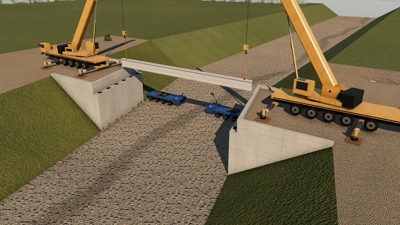 Two cranes lifting a concrete girder onto the abutments of a creek bridge.