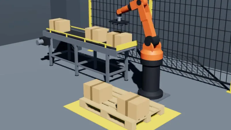 A six-axis robot stacking cartons from a conveyor onto a pallet behind a safety fence.
