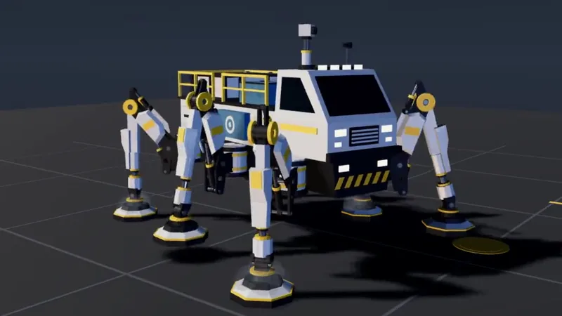 A six-legged hauler with a cabin and a cargo deck, walking across a hall floor.